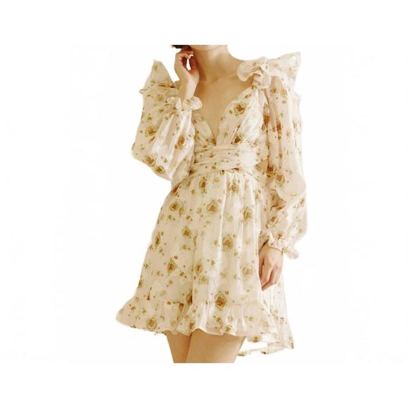 NEW STORIA rose ruffled mini dress in cream brown floral - Picture 1 of 5